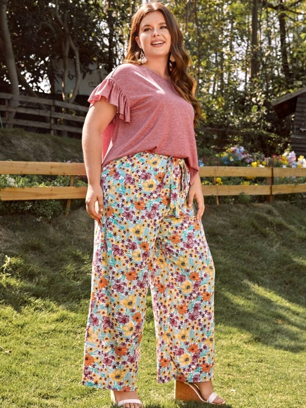 Floral Wide-Leg High-Waist Boho Trousers with Adjustable Drawstring - Size L - Picture 5 of 5